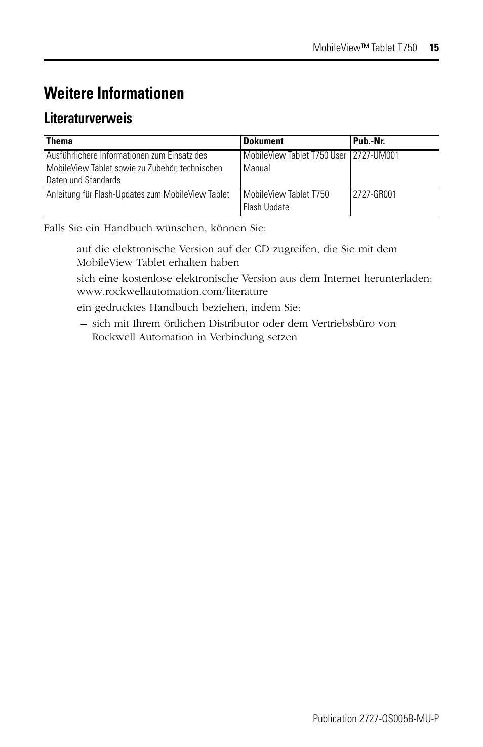 Weitere informationen, Literaturverweis | Rockwell Automation 2727-T7P30D1Fxx MobileView Tablet T750 Quick Start User Manual | Page 15 / 30