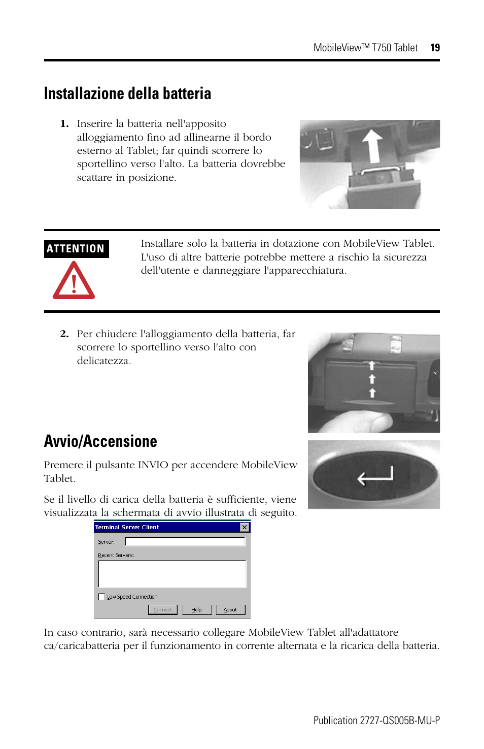 Installazione della batteria, Avvio/accensione | Rockwell Automation 2727-T7P30D1Fxx MobileView Tablet T750 Quick Start User Manual | Page 19 / 30