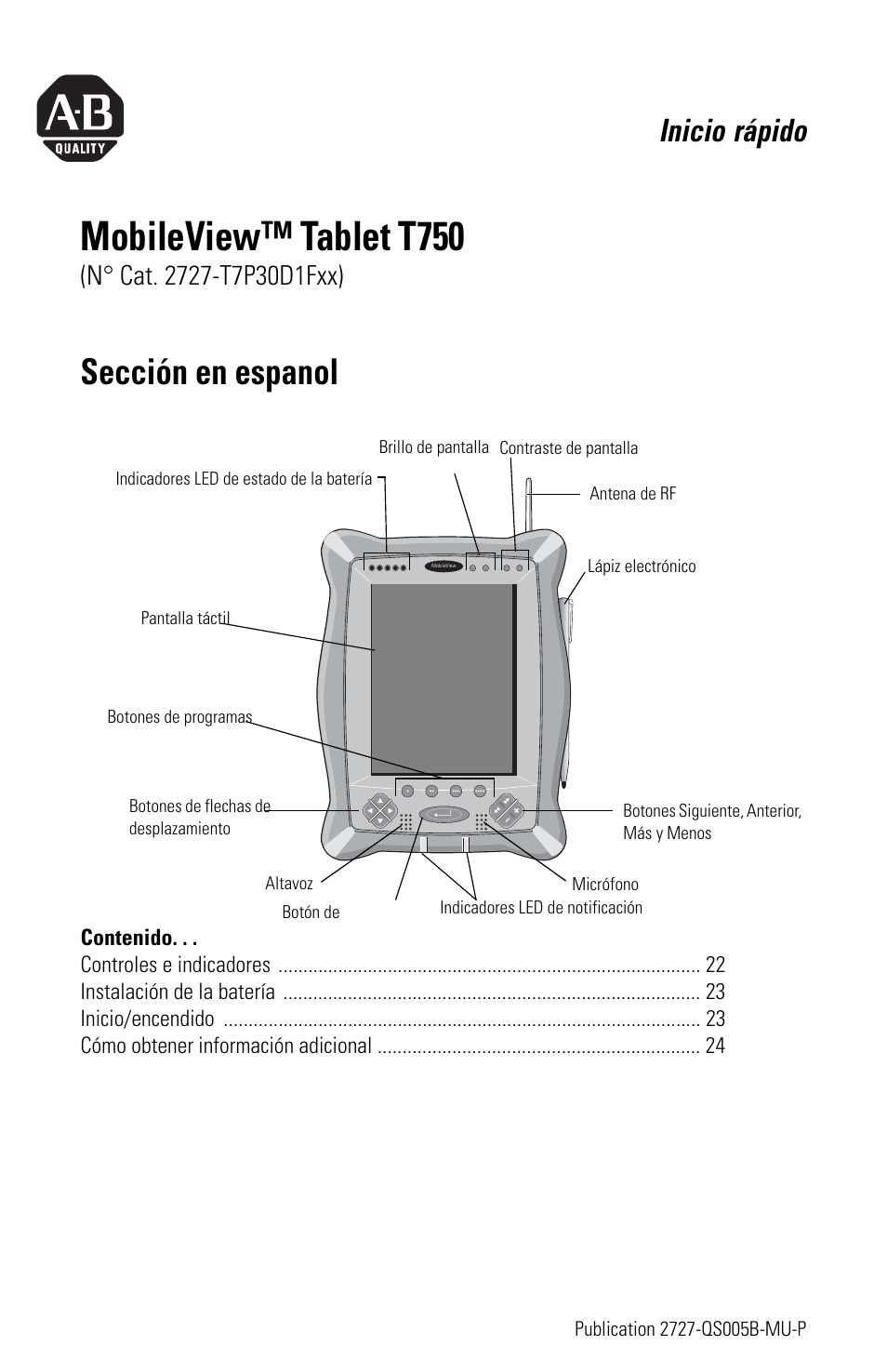 Sección en espanol, Mobileview™ tablet t750, Inicio rápido | Rockwell Automation 2727-T7P30D1Fxx MobileView Tablet T750 Quick Start User Manual | Page 21 / 30