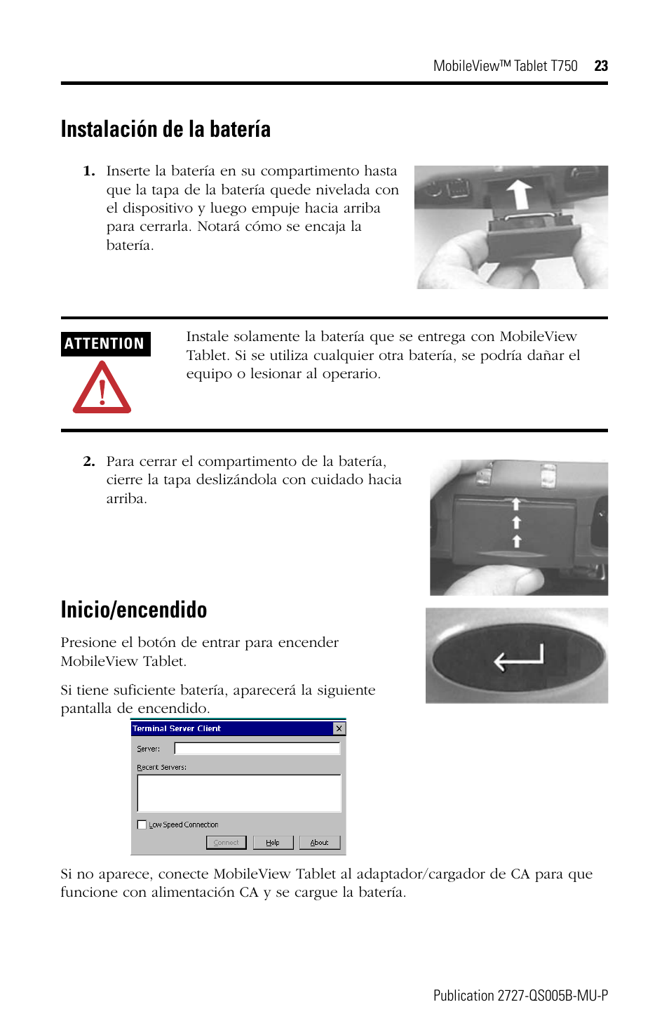 Instalación de la batería, Inicio/encendido | Rockwell Automation 2727-T7P30D1Fxx MobileView Tablet T750 Quick Start User Manual | Page 23 / 30