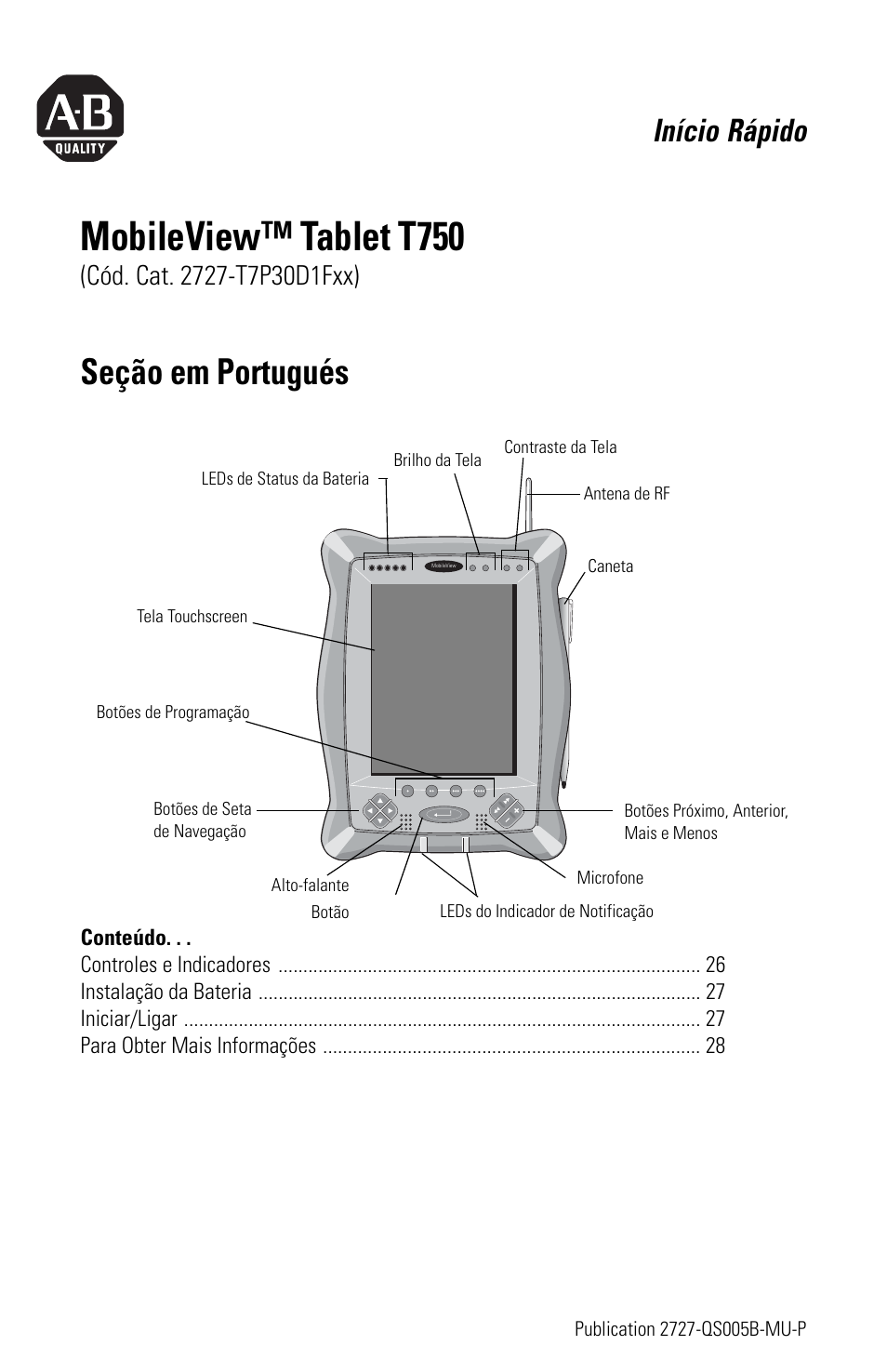 Seção em portugués, Mobileview™ tablet t750, Início rápido | Rockwell Automation 2727-T7P30D1Fxx MobileView Tablet T750 Quick Start User Manual | Page 25 / 30