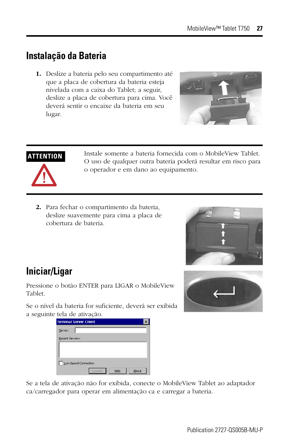 Instalação da bateria, Iniciar/ligar | Rockwell Automation 2727-T7P30D1Fxx MobileView Tablet T750 Quick Start User Manual | Page 27 / 30