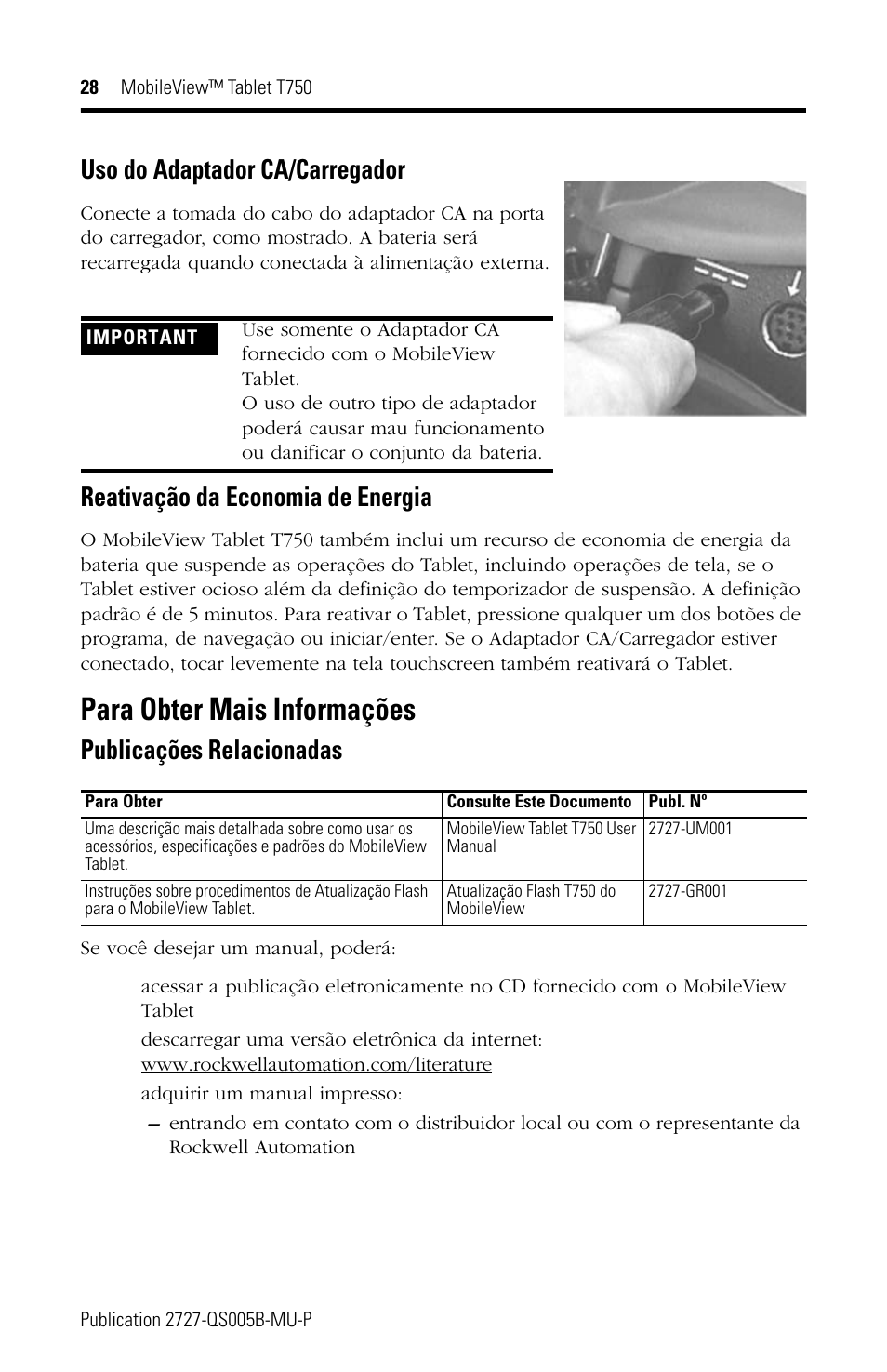 Para obter mais informações, Uso do adaptador ca/carregador, Reativação da economia de energia | Publicações relacionadas | Rockwell Automation 2727-T7P30D1Fxx MobileView Tablet T750 Quick Start User Manual | Page 28 / 30