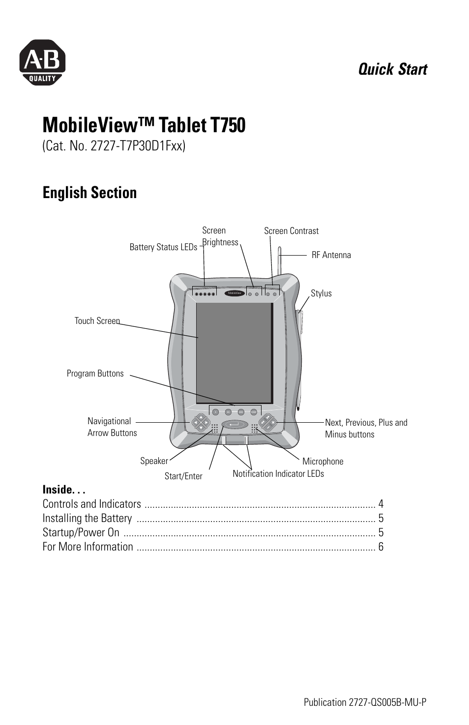 English section, Mobileview™ tablet t750, Quick start | Rockwell Automation 2727-T7P30D1Fxx MobileView Tablet T750 Quick Start User Manual | Page 3 / 30