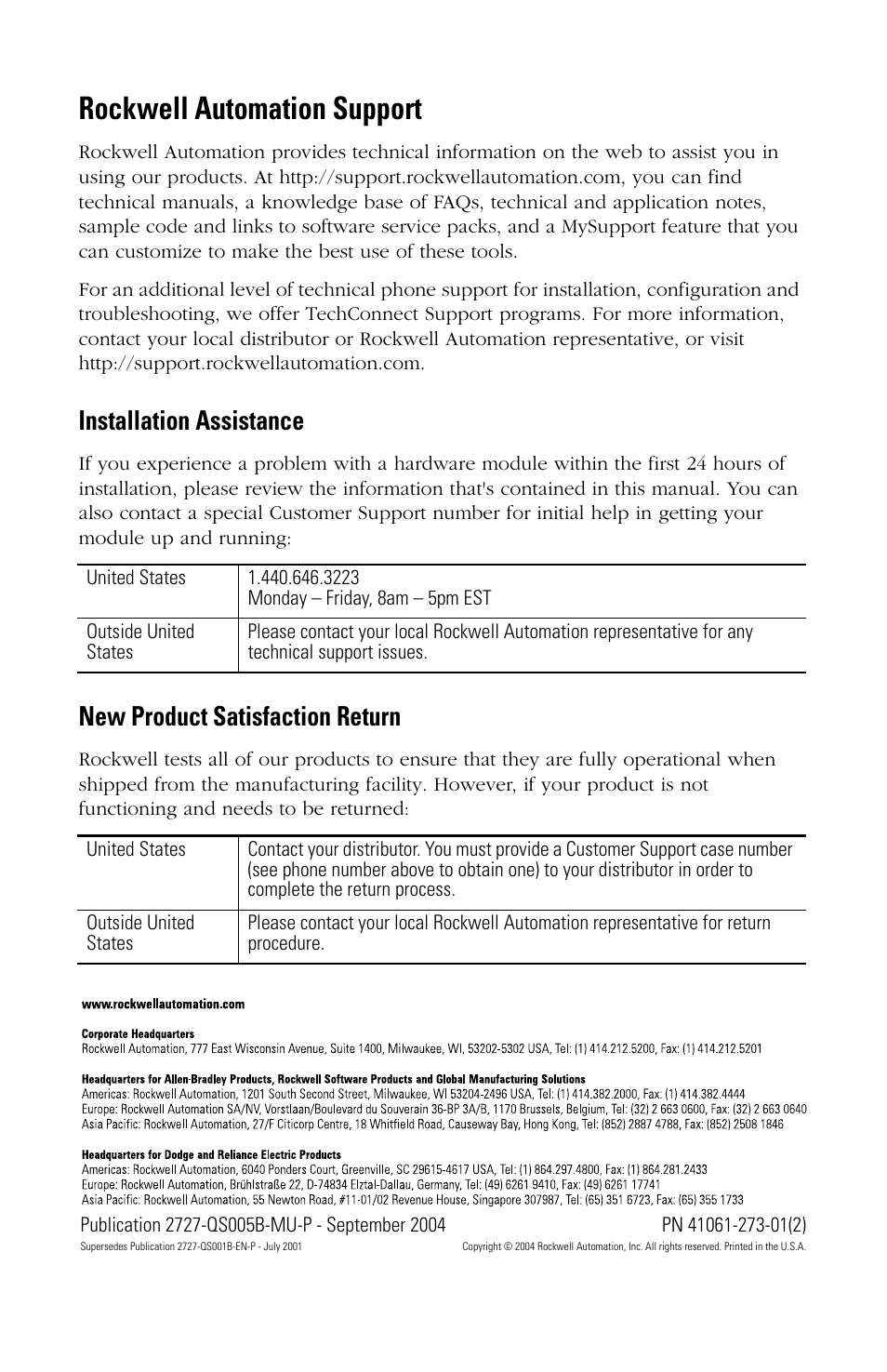 Back cover, Rockwell automation support, Installation assistance | New product satisfaction return | Rockwell Automation 2727-T7P30D1Fxx MobileView Tablet T750 Quick Start User Manual | Page 30 / 30