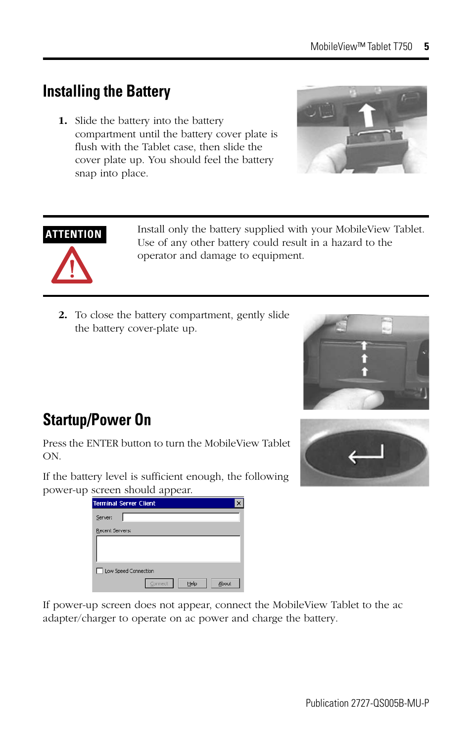 Installing the battery, Startup/power on | Rockwell Automation 2727-T7P30D1Fxx MobileView Tablet T750 Quick Start User Manual | Page 5 / 30
