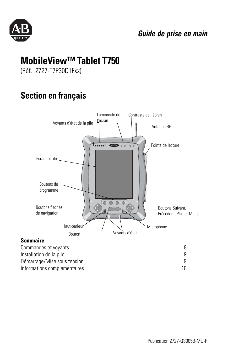 Section en français, Mobileview™ tablet t750, Guide de prise en main | Rockwell Automation 2727-T7P30D1Fxx MobileView Tablet T750 Quick Start User Manual | Page 7 / 30
