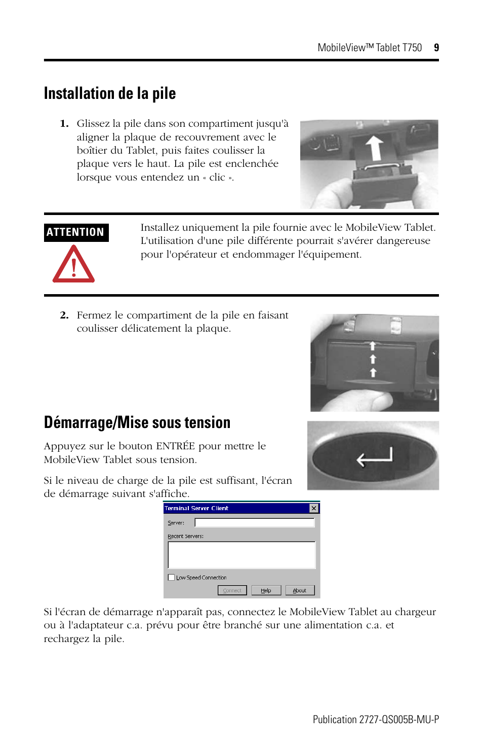 Installation de la pile, Démarrage/mise sous tension | Rockwell Automation 2727-T7P30D1Fxx MobileView Tablet T750 Quick Start User Manual | Page 9 / 30