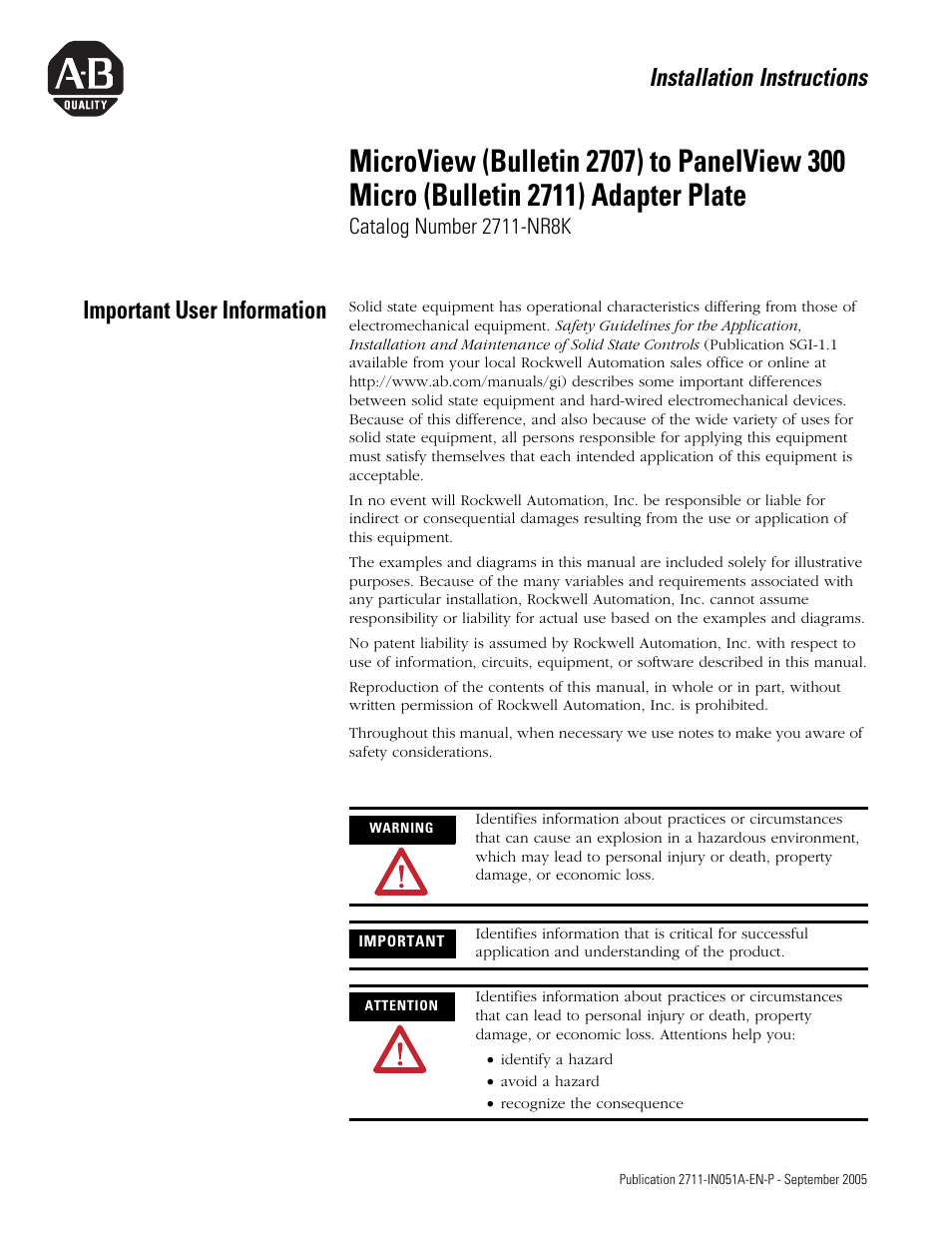 Rockwell Automation 2711-NR8K MicroView to PanelView 300 Micro Adapter Plate User Manual | 4 pages