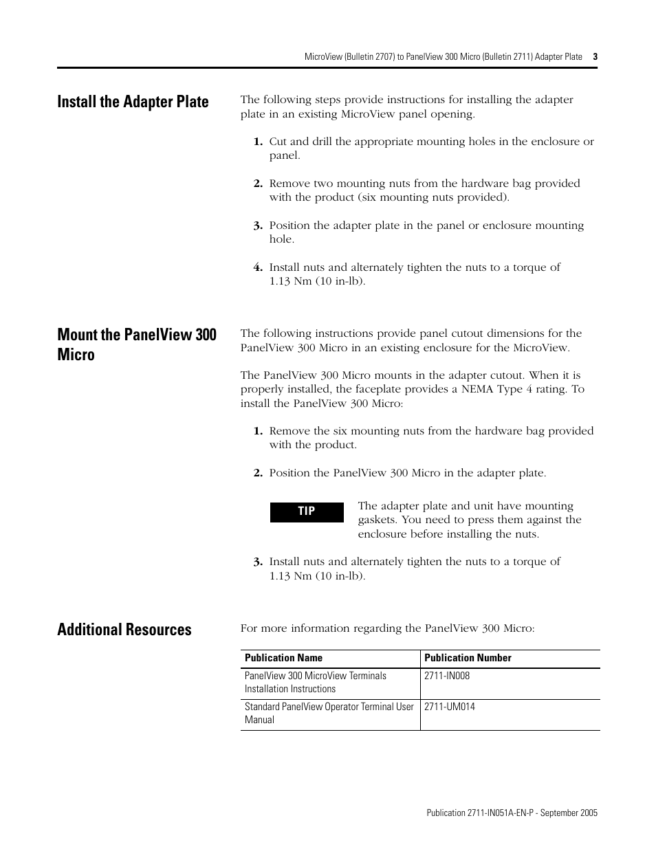 Install the adapter plate, Mount the panelview 300 micro, Additional resources | Rockwell Automation 2711-NR8K MicroView to PanelView 300 Micro Adapter Plate User Manual | Page 3 / 4