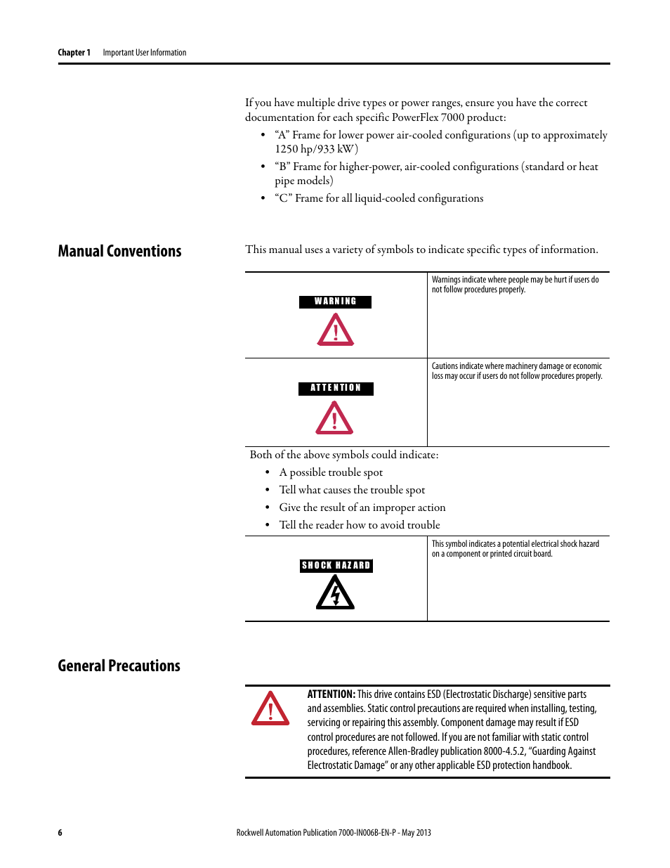 Manual conventions, General precautions, Manual conventions general precautions | Rockwell Automation 7000 PowerFlex Medium Voltage (B Frame) Commissioning - ForGe (PanelView 550) User Manual | Page 10 / 148