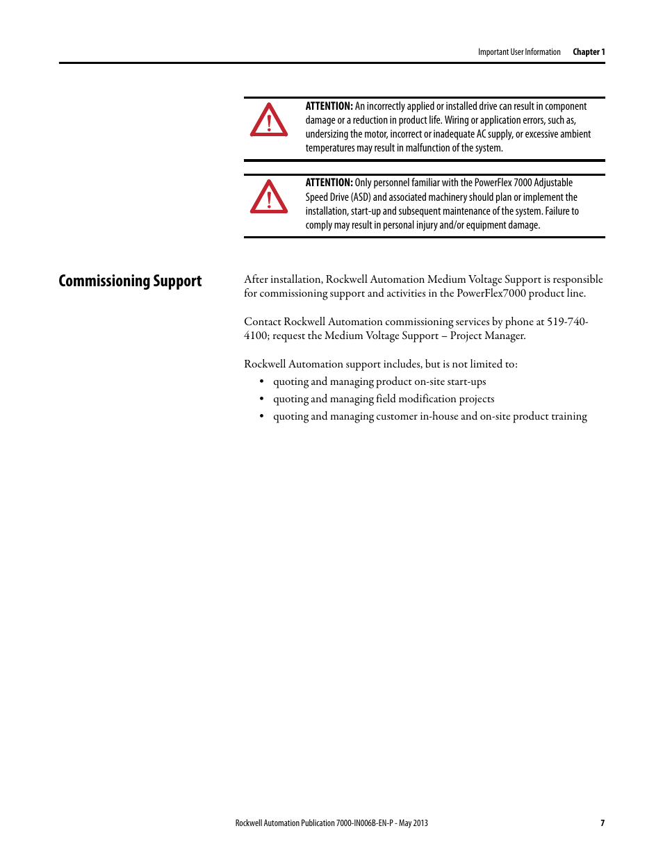 Commissioning support | Rockwell Automation 7000 PowerFlex Medium Voltage (B Frame) Commissioning - ForGe (PanelView 550) User Manual | Page 11 / 148