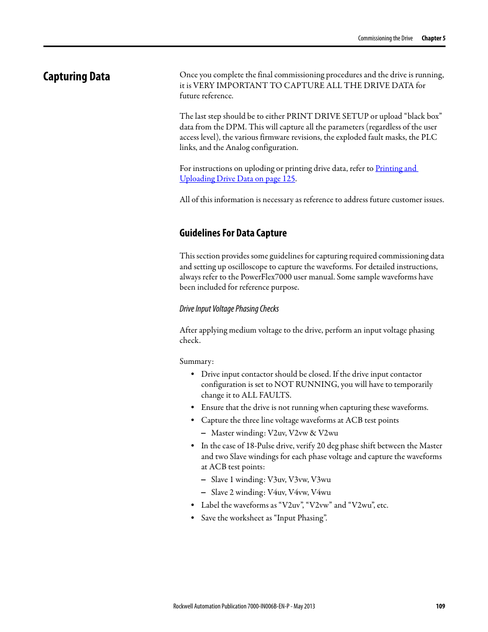 Capturing data, Guidelines for data capture | Rockwell Automation 7000 PowerFlex Medium Voltage (B Frame) Commissioning - ForGe (PanelView 550) User Manual | Page 113 / 148