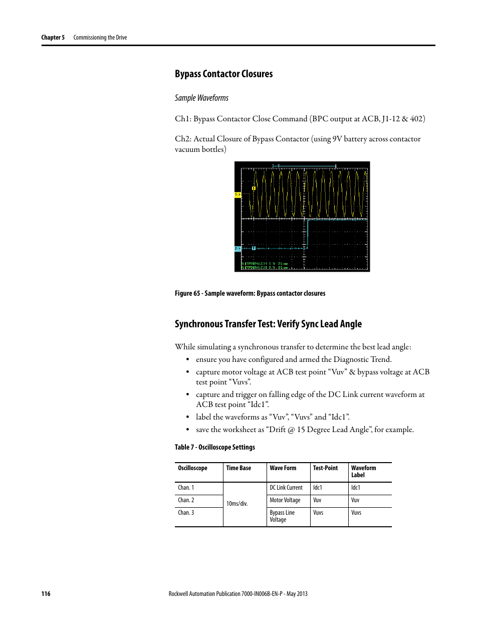 Bypass contactor closures, Synchronous transfer test: verify sync lead angle | Rockwell Automation 7000 PowerFlex Medium Voltage (B Frame) Commissioning - ForGe (PanelView 550) User Manual | Page 120 / 148