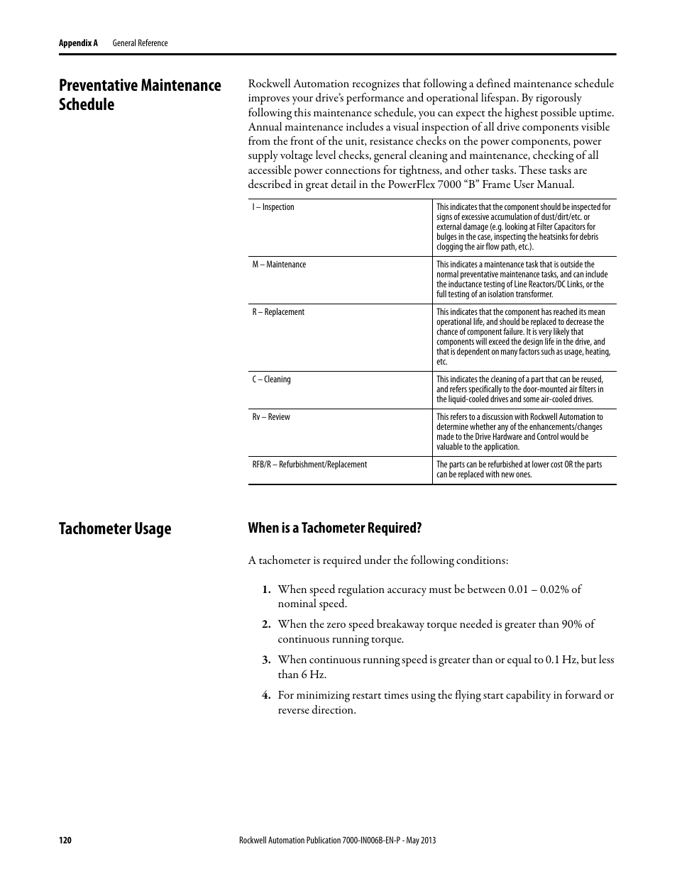 Preventative maintenance schedule, Tachometer usage, When is a tachometer required | Preventative maintenance schedule tachometer usage | Rockwell Automation 7000 PowerFlex Medium Voltage (B Frame) Commissioning - ForGe (PanelView 550) User Manual | Page 124 / 148