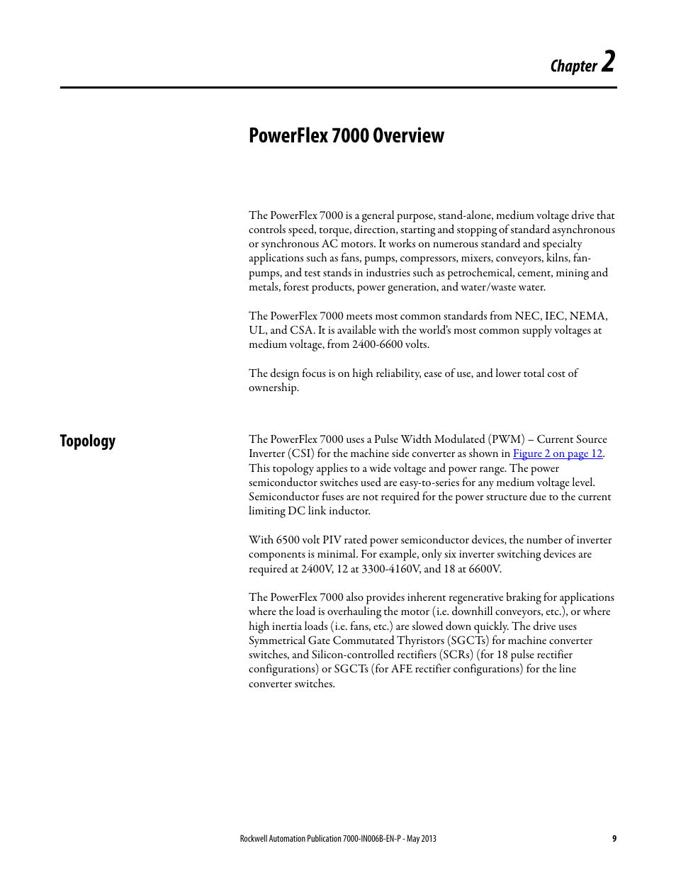 2 - powerflex 7000 overview, Topology, Chapter 2 | Powerflex 7000 overview, Chapter | Rockwell Automation 7000 PowerFlex Medium Voltage (B Frame) Commissioning - ForGe (PanelView 550) User Manual | Page 13 / 148