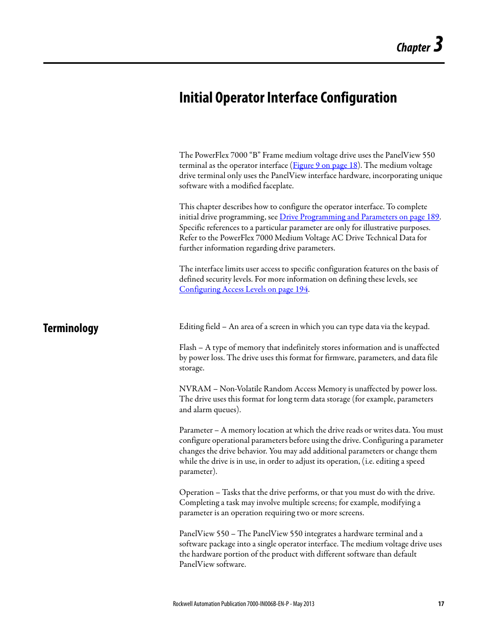 3 - initial operator interface configuration, Terminology, Chapter 3 | Initial operator interface configuration, Chapter | Rockwell Automation 7000 PowerFlex Medium Voltage (B Frame) Commissioning - ForGe (PanelView 550) User Manual | Page 21 / 148