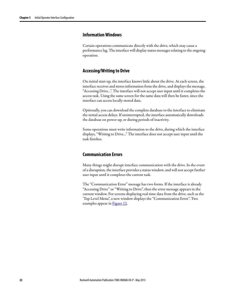 Information windows, Accessing/writing to drive, Communication errors | Rockwell Automation 7000 PowerFlex Medium Voltage (B Frame) Commissioning - ForGe (PanelView 550) User Manual | Page 26 / 148