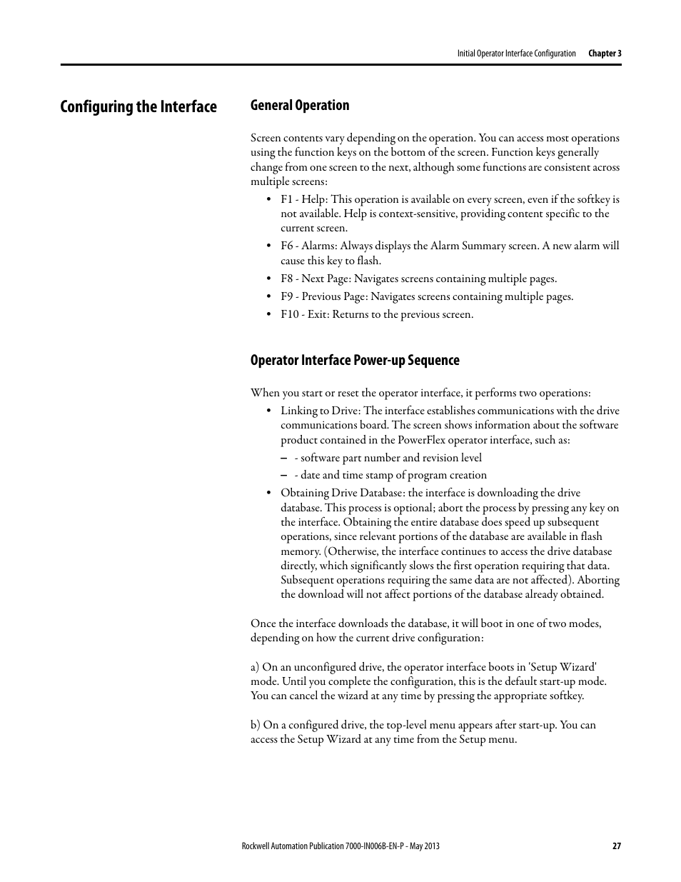 Configuring the interface, General operation, Operator interface power-up sequence | Rockwell Automation 7000 PowerFlex Medium Voltage (B Frame) Commissioning - ForGe (PanelView 550) User Manual | Page 31 / 148