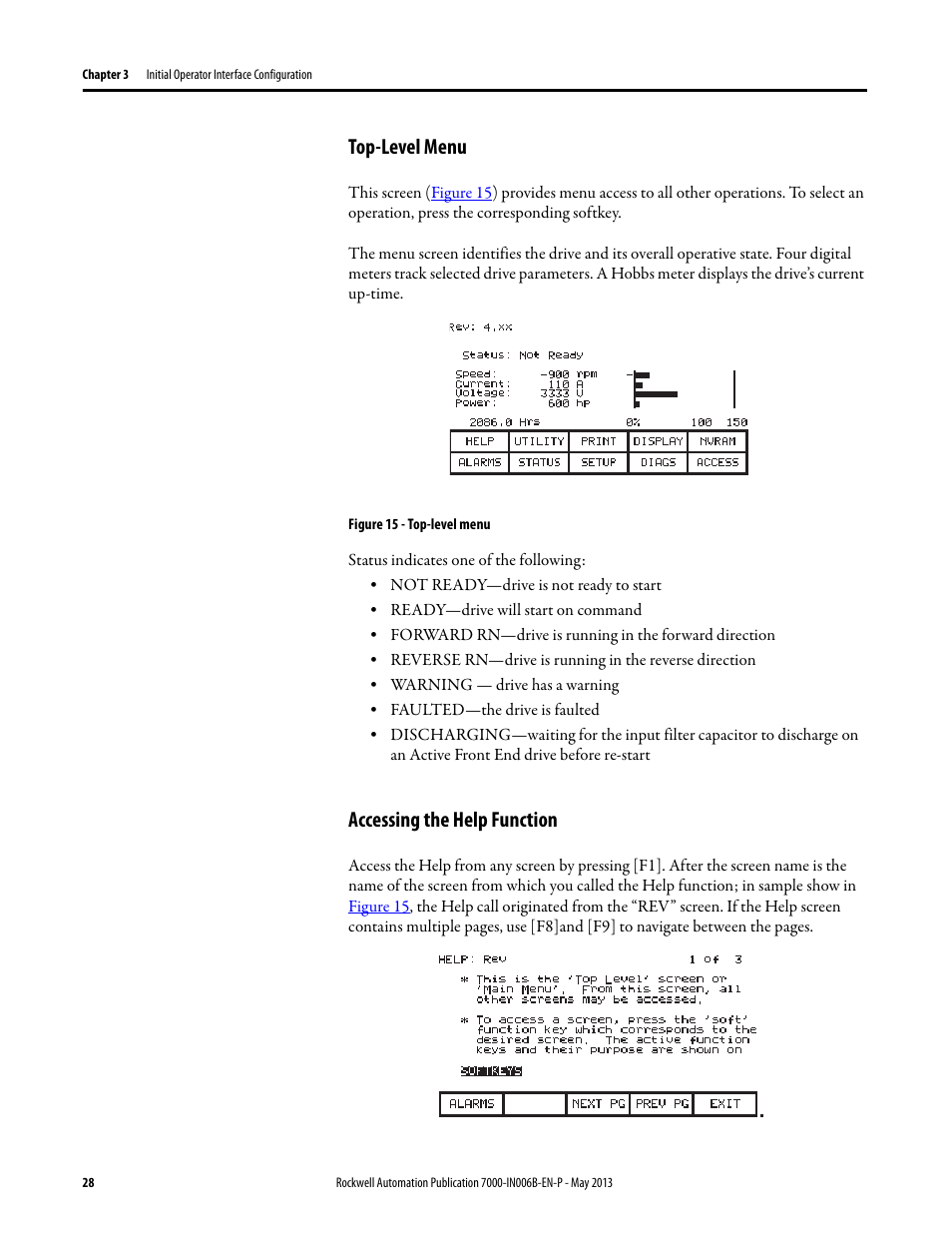 Top-level menu, Accessing the help function, Top-level menu accessing the help function | Rockwell Automation 7000 PowerFlex Medium Voltage (B Frame) Commissioning - ForGe (PanelView 550) User Manual | Page 32 / 148
