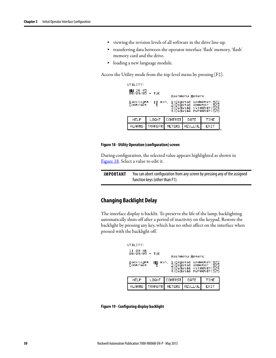 Changing backlight delay | Rockwell Automation 7000 PowerFlex Medium Voltage (B Frame) Commissioning - ForGe (PanelView 550) User Manual | Page 34 / 148