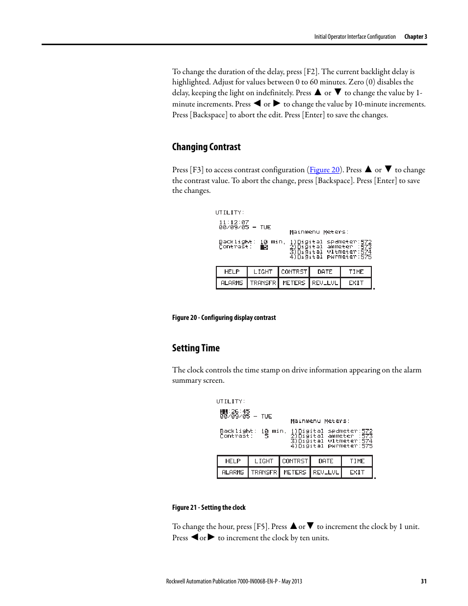 Changing contrast, Setting time, Changing contrast setting time | Rockwell Automation 7000 PowerFlex Medium Voltage (B Frame) Commissioning - ForGe (PanelView 550) User Manual | Page 35 / 148