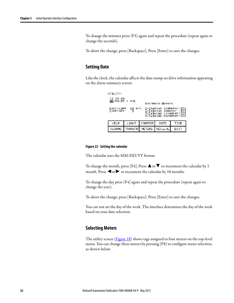 Setting date, Selecting meters, Setting date selecting meters | Rockwell Automation 7000 PowerFlex Medium Voltage (B Frame) Commissioning - ForGe (PanelView 550) User Manual | Page 36 / 148