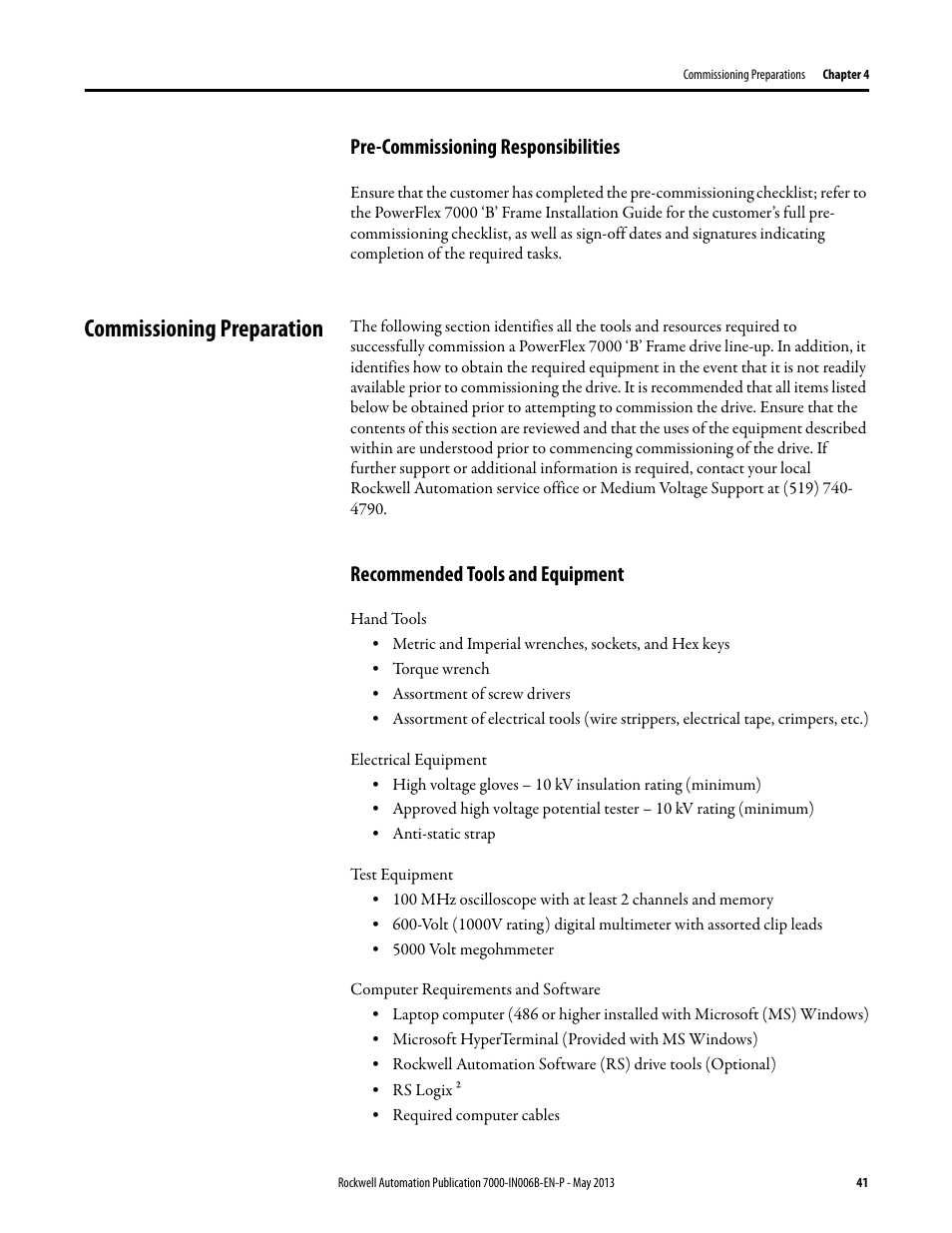 Pre-commissioning responsibilities, Commissioning preparation, Recommended tools and equipment | Rockwell Automation 7000 PowerFlex Medium Voltage (B Frame) Commissioning - ForGe (PanelView 550) User Manual | Page 45 / 148