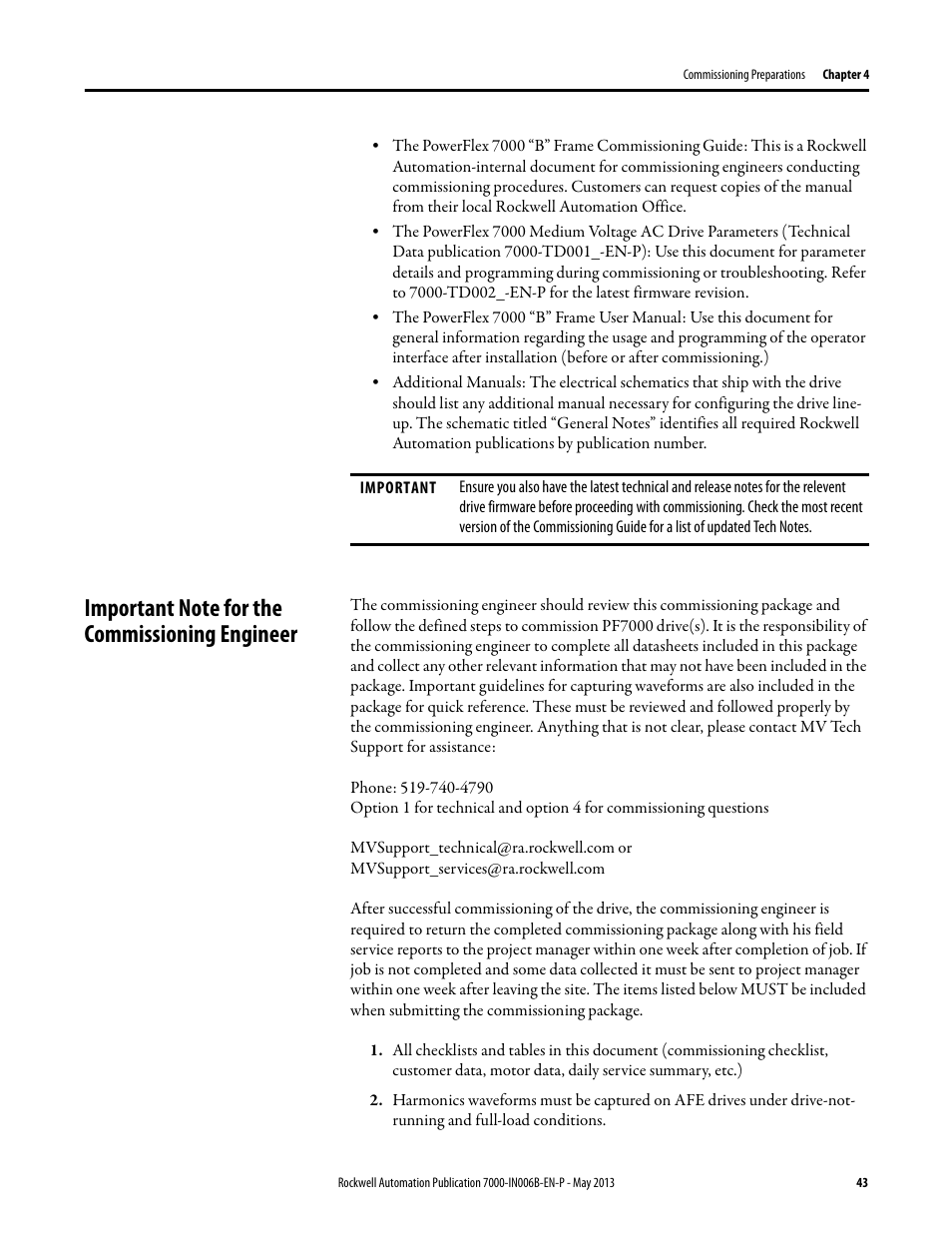 Important note for the commissioning engineer | Rockwell Automation 7000 PowerFlex Medium Voltage (B Frame) Commissioning - ForGe (PanelView 550) User Manual | Page 47 / 148