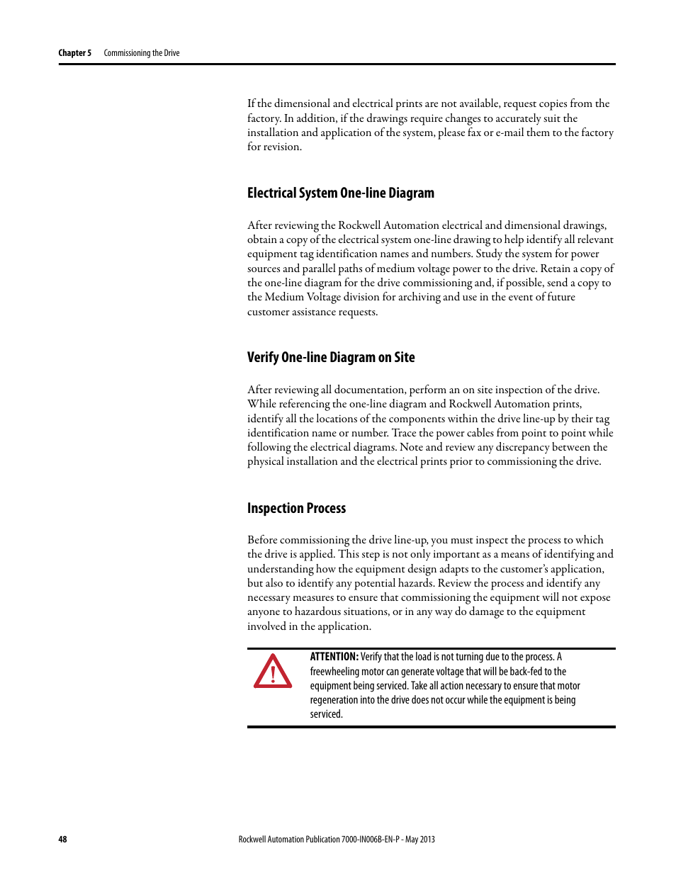 Electrical system one-line diagram, Verify one-line diagram on site, Inspection process | Rockwell Automation 7000 PowerFlex Medium Voltage (B Frame) Commissioning - ForGe (PanelView 550) User Manual | Page 52 / 148