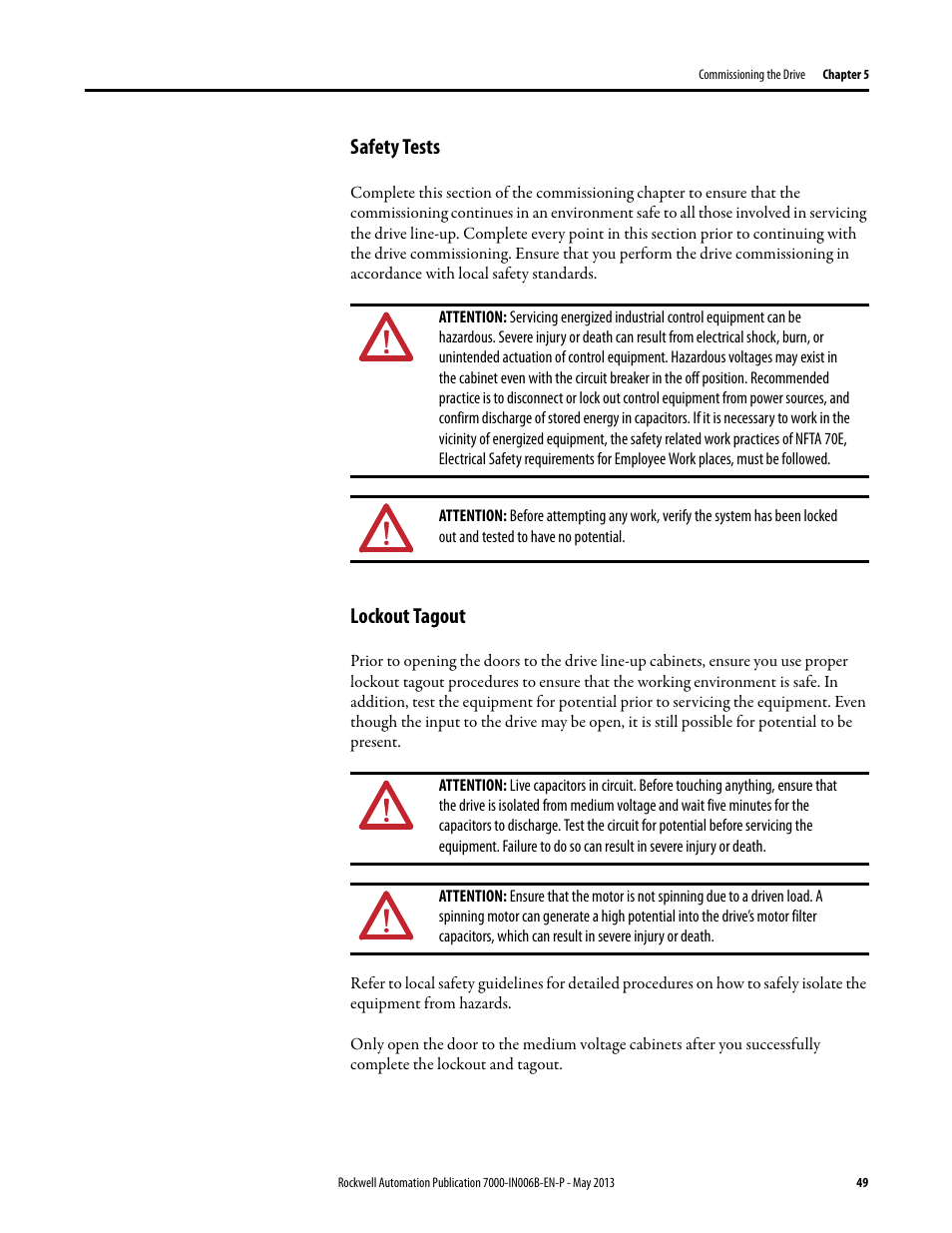 Safety tests, Lockout tagout, Safety tests lockout tagout | Rockwell Automation 7000 PowerFlex Medium Voltage (B Frame) Commissioning - ForGe (PanelView 550) User Manual | Page 53 / 148