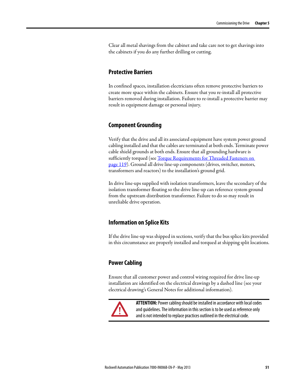 Protective barriers, Component grounding, Information on splice kits | Power cabling | Rockwell Automation 7000 PowerFlex Medium Voltage (B Frame) Commissioning - ForGe (PanelView 550) User Manual | Page 55 / 148