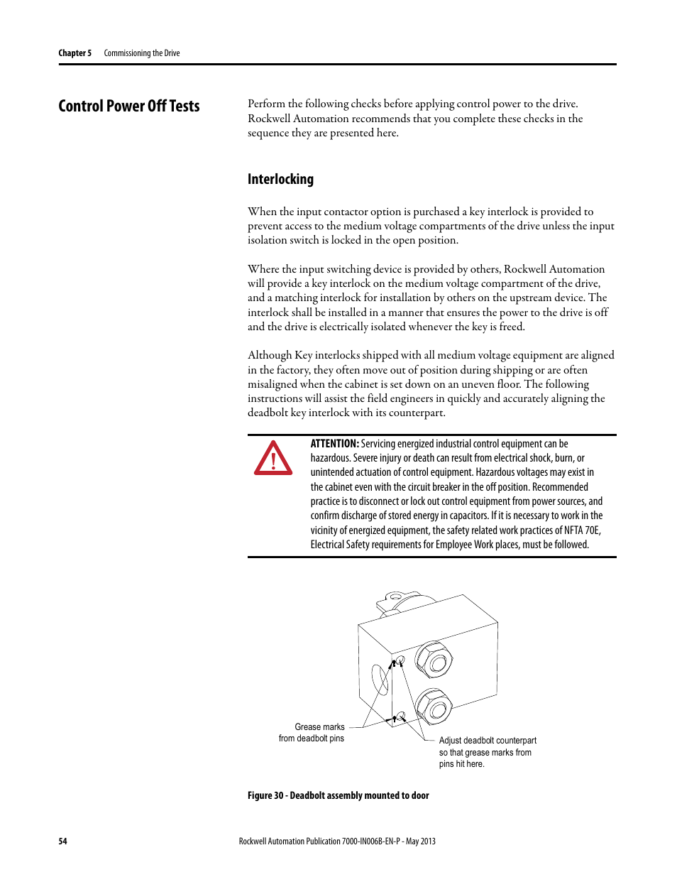Control power off tests, Interlocking | Rockwell Automation 7000 PowerFlex Medium Voltage (B Frame) Commissioning - ForGe (PanelView 550) User Manual | Page 58 / 148