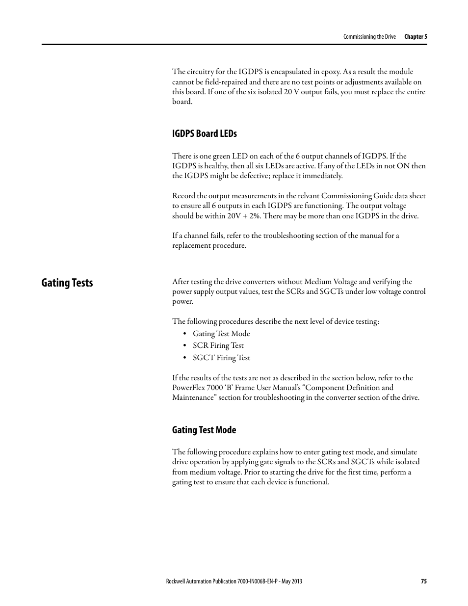 Igdps board leds, Gating tests, Gating test mode | Rockwell Automation 7000 PowerFlex Medium Voltage (B Frame) Commissioning - ForGe (PanelView 550) User Manual | Page 79 / 148