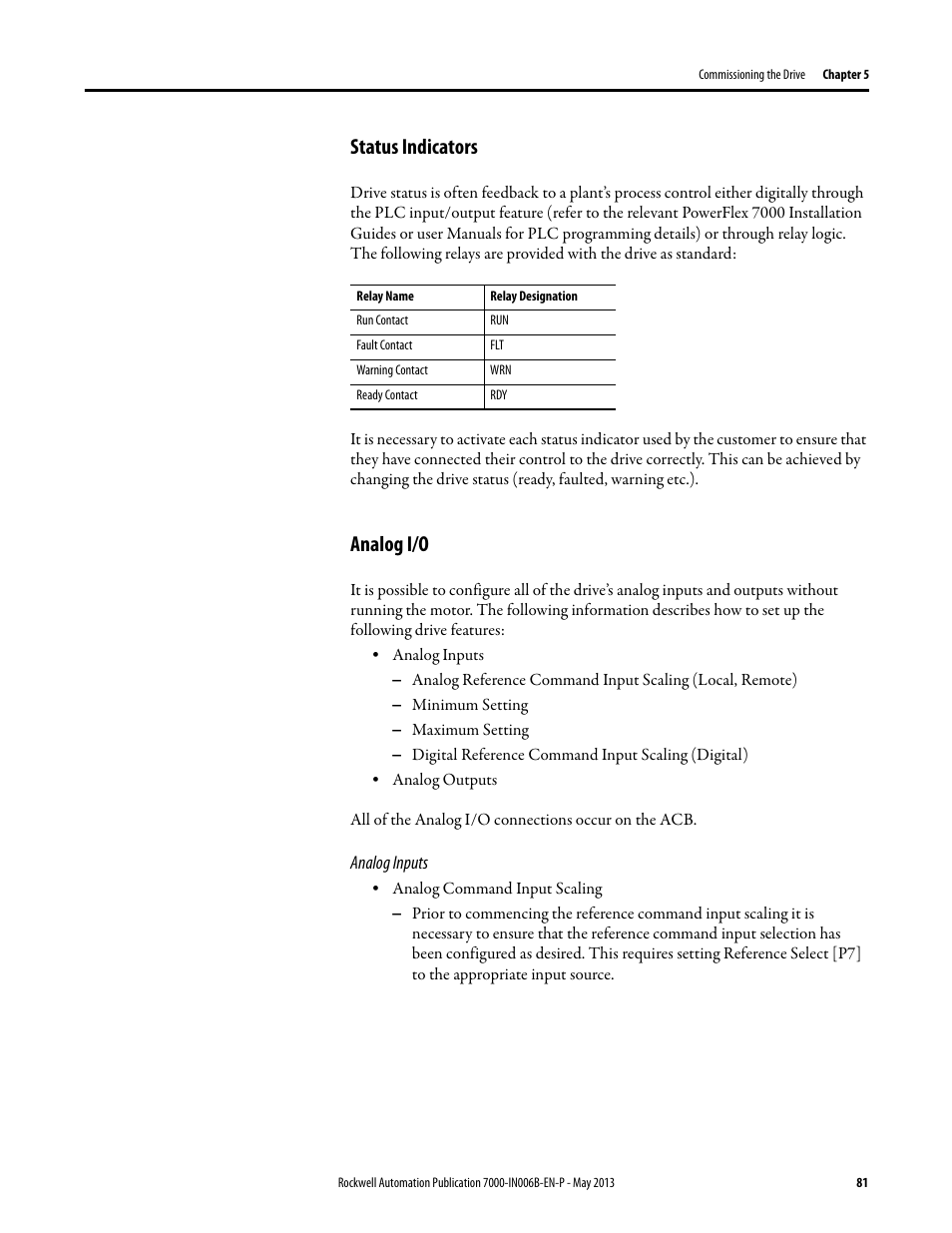 Status indicators, Analog i/o, Status indicators analog i/o | Rockwell Automation 7000 PowerFlex Medium Voltage (B Frame) Commissioning - ForGe (PanelView 550) User Manual | Page 85 / 148