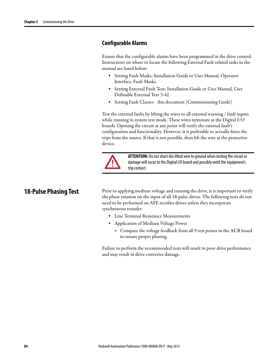 Configurable alarms, Pulse phasing test | Rockwell Automation 7000 PowerFlex Medium Voltage (B Frame) Commissioning - ForGe (PanelView 550) User Manual | Page 88 / 148