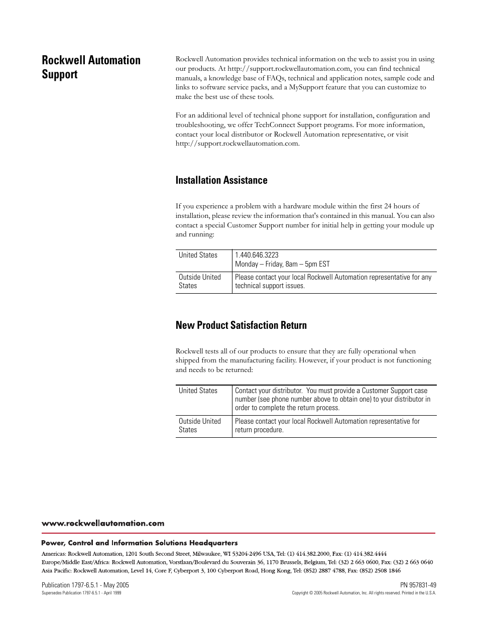 Back cover, Rockwell automation support, Installation assistance | New product satisfaction return | Rockwell Automation 1797-OE8 FLEX Ex Analog Modules User Manual User Manual | Page 104 / 104