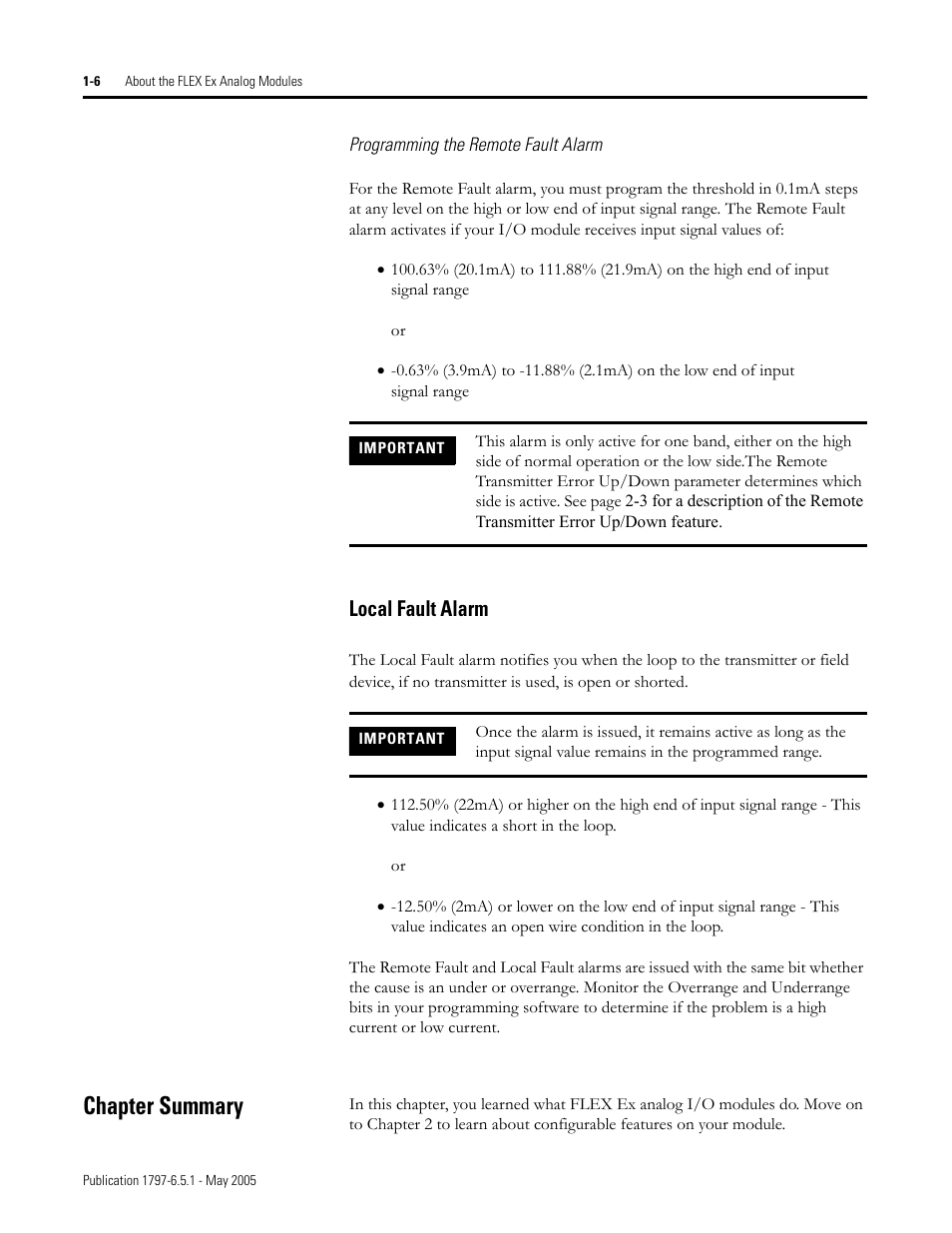 Chapter summary, Local fault alarm -6, Chapter summary -6 | Local fault alarm | Rockwell Automation 1797-OE8 FLEX Ex Analog Modules User Manual User Manual | Page 16 / 104