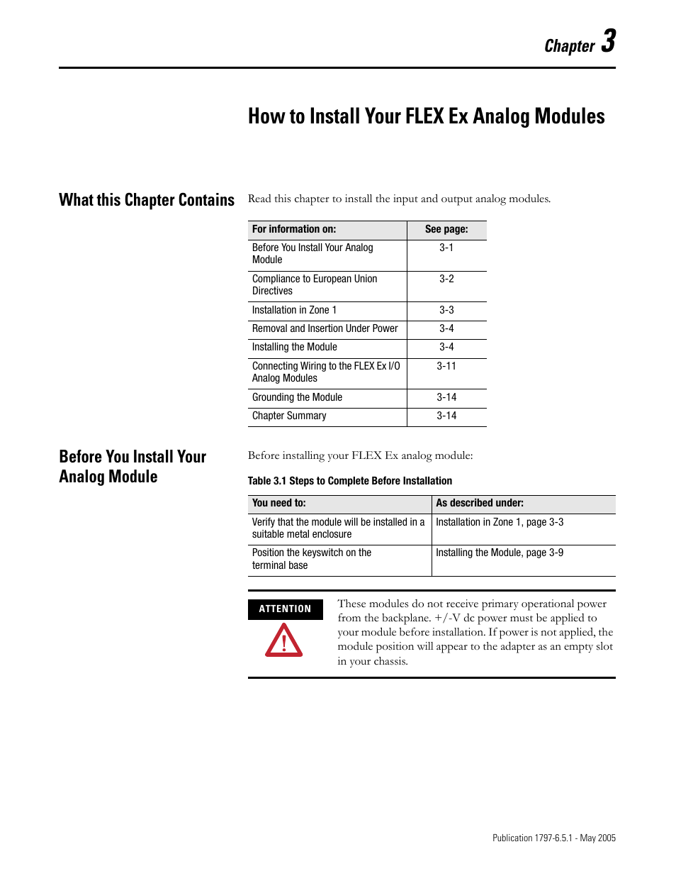 Chapter 3, How to install your flex ex analog modules, What this chapter contains | Before you install your analog module, Chapter | Rockwell Automation 1797-OE8 FLEX Ex Analog Modules User Manual User Manual | Page 35 / 104