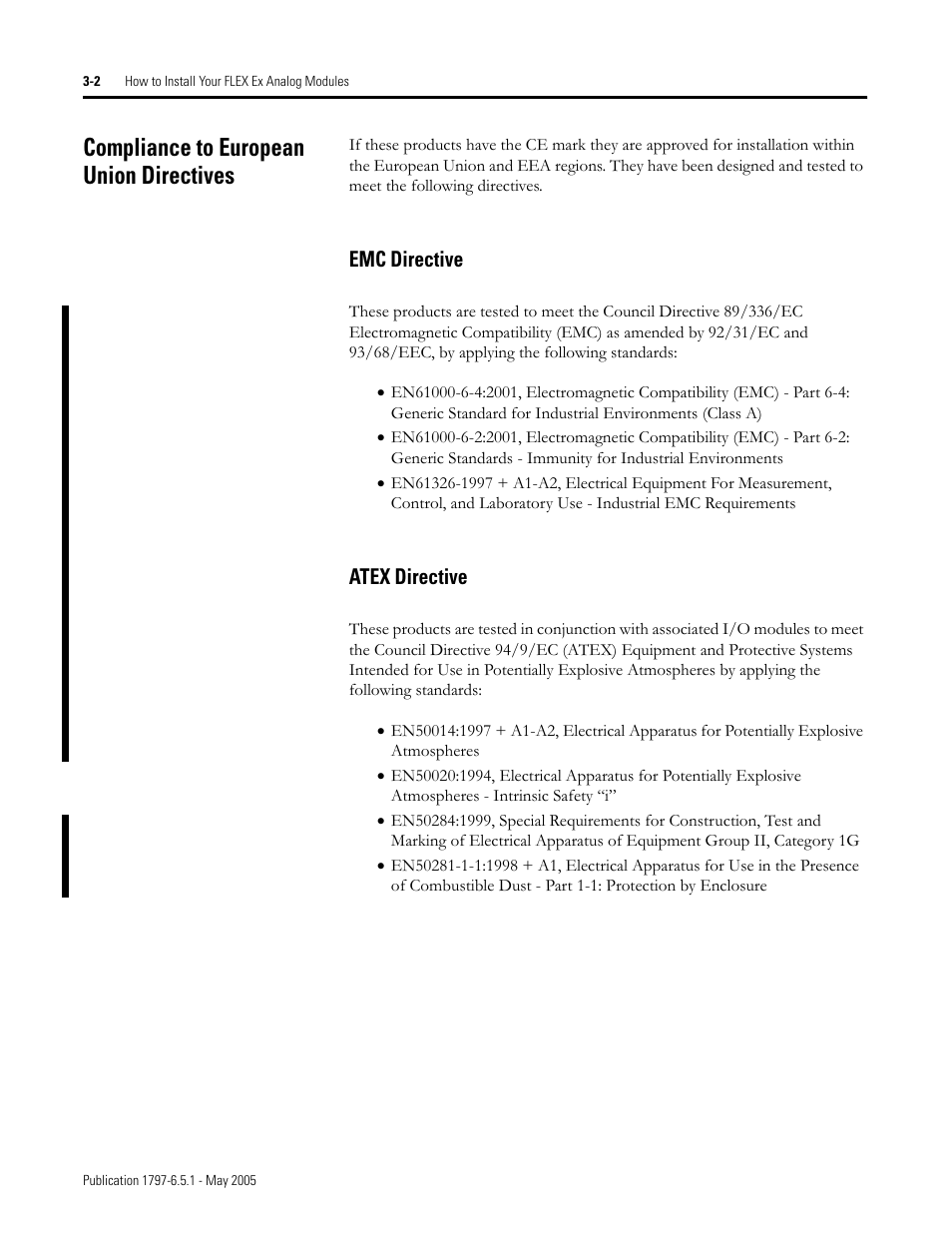 Compliance to european union directives, Emc directive, Atex directive | Compliance to european union directives -2, Emc directive -2 atex directive -2 | Rockwell Automation 1797-OE8 FLEX Ex Analog Modules User Manual User Manual | Page 36 / 104