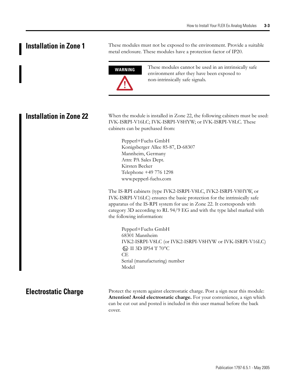 Installation in zone 1, Installation in zone 22, Electrostatic charge | Ge 3-3 | Rockwell Automation 1797-OE8 FLEX Ex Analog Modules User Manual User Manual | Page 37 / 104