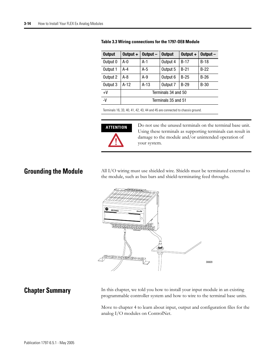 Grounding the module, Chapter summary, Grounding the module -14 chapter summary -14 | Rockwell Automation 1797-OE8 FLEX Ex Analog Modules User Manual User Manual | Page 48 / 104