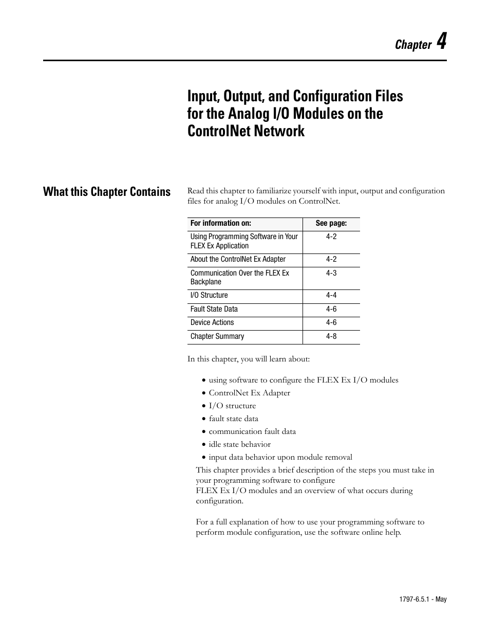 Chapter 4, What this chapter contains, What this chapter contains -1 | Chapter | Rockwell Automation 1797-OE8 FLEX Ex Analog Modules User Manual User Manual | Page 49 / 104