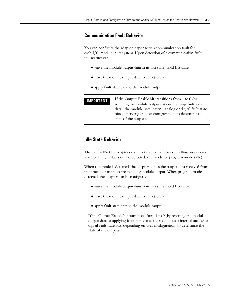 Communication fault behavior, Idle state behavior | Rockwell Automation 1797-OE8 FLEX Ex Analog Modules User Manual User Manual | Page 55 / 104