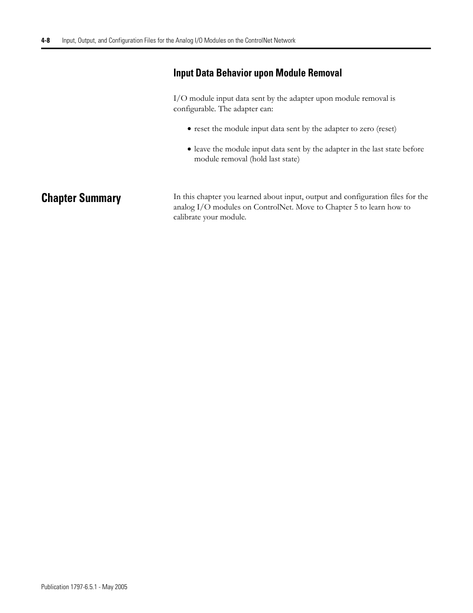 Chapter summary, Input data behavior upon module removal -8, Chapter summary -8 | Rockwell Automation 1797-OE8 FLEX Ex Analog Modules User Manual User Manual | Page 56 / 104