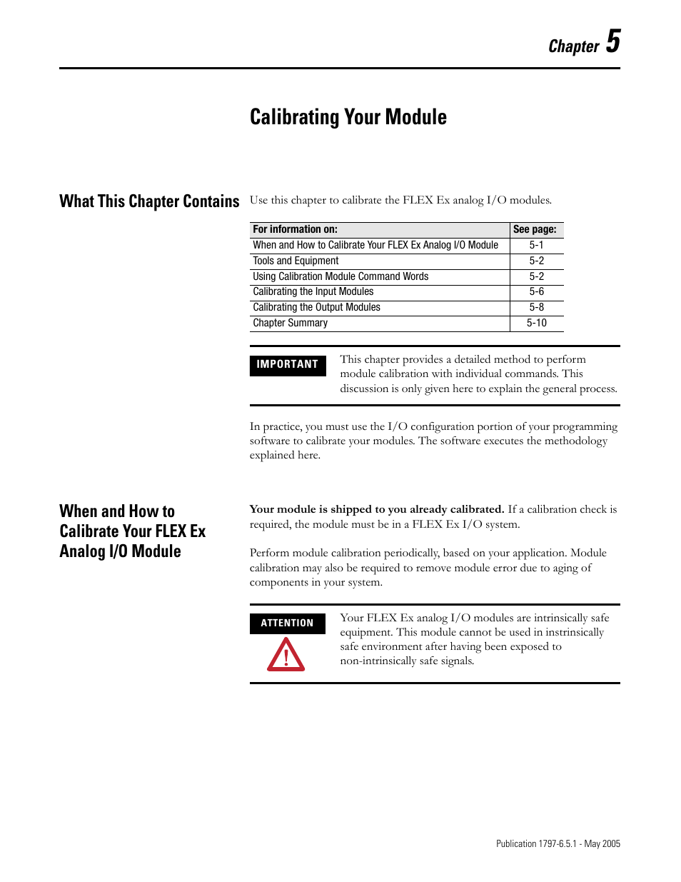 Chapter 5, Calibrating your module, What this chapter contains | Chapter | Rockwell Automation 1797-OE8 FLEX Ex Analog Modules User Manual User Manual | Page 57 / 104