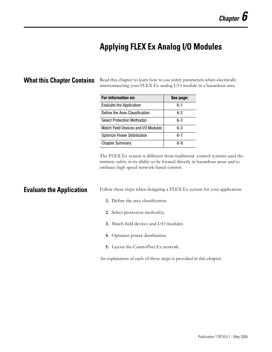 Chapter 6, Applying flex ex analog i/o modules, What this chapter contains | Evaluate the application, Chapter | Rockwell Automation 1797-OE8 FLEX Ex Analog Modules User Manual User Manual | Page 67 / 104