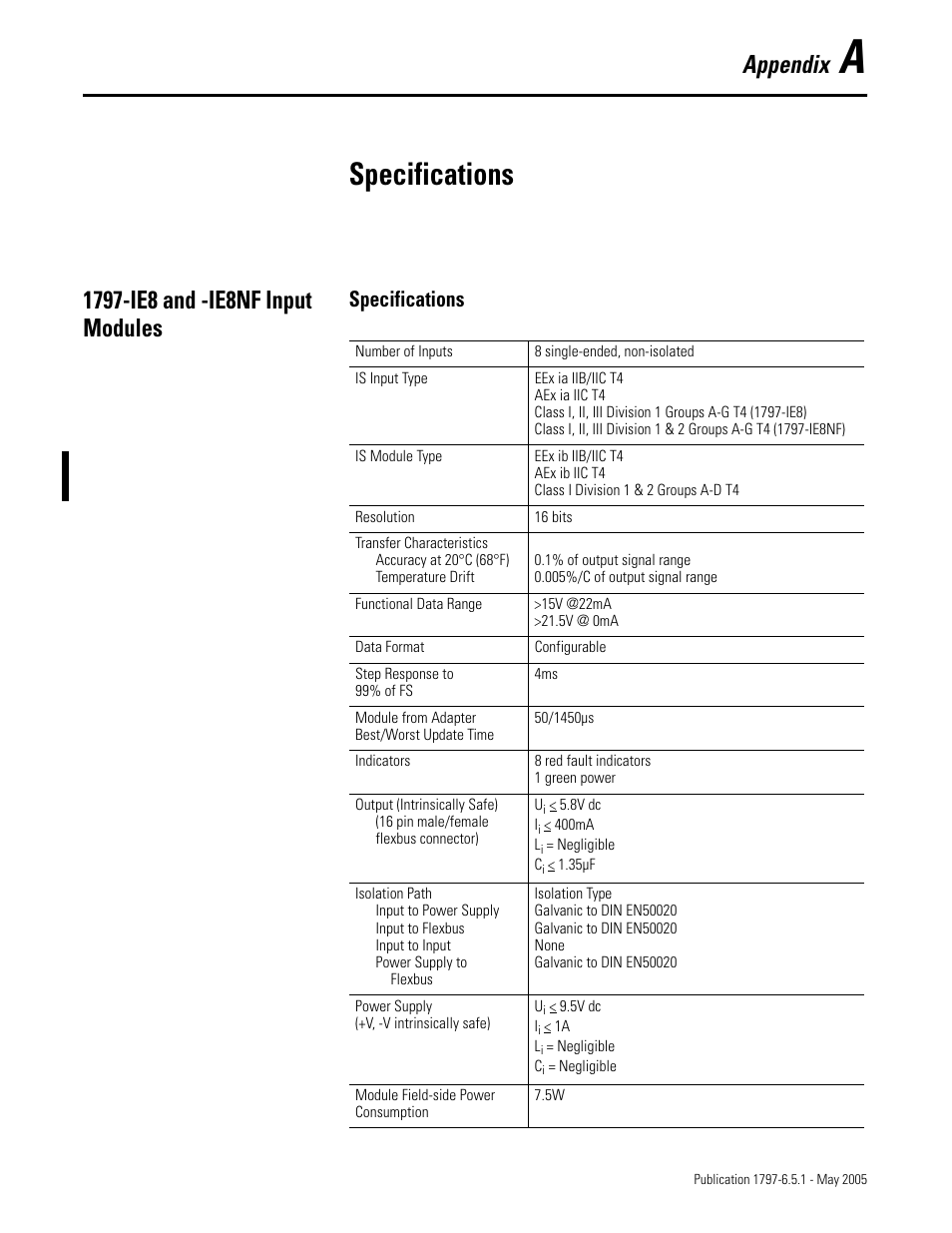 Appendix a, Specifications, 1797-ie8 and -ie8nf input modules | Appendix | Rockwell Automation 1797-OE8 FLEX Ex Analog Modules User Manual User Manual | Page 81 / 104