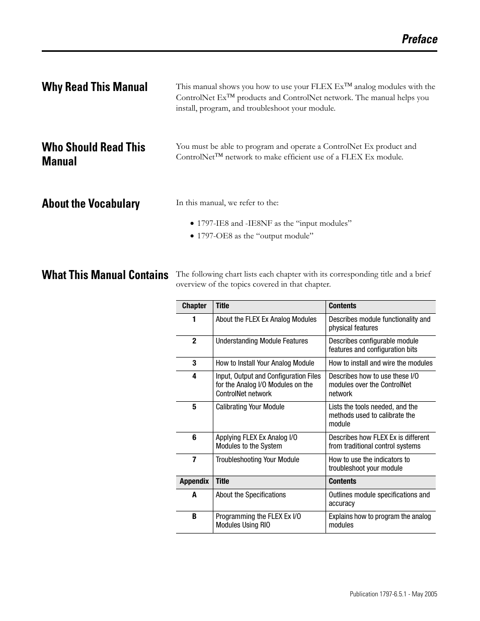 Preface, Why read this manual, Who should read this manual | About the vocabulary, What this manual contains, Preface why read this manual | Rockwell Automation 1797-OE8 FLEX Ex Analog Modules User Manual User Manual | Page 9 / 104