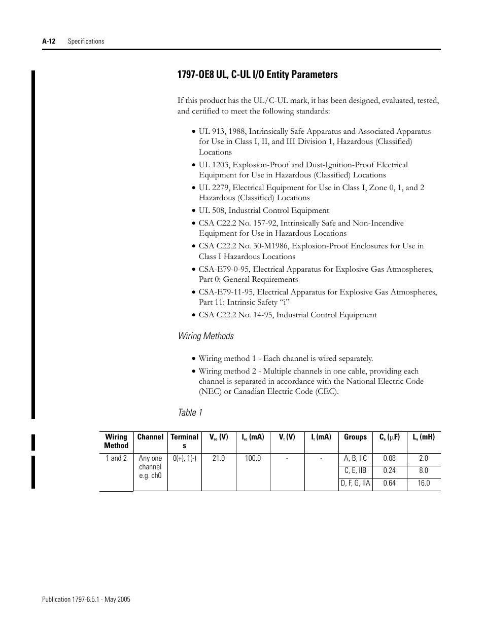 1797-oe8 ul, c-ul i/o entity parameters, A-12 | Rockwell Automation 1797-OE8 FLEX Ex Analog Modules User Manual User Manual | Page 92 / 104
